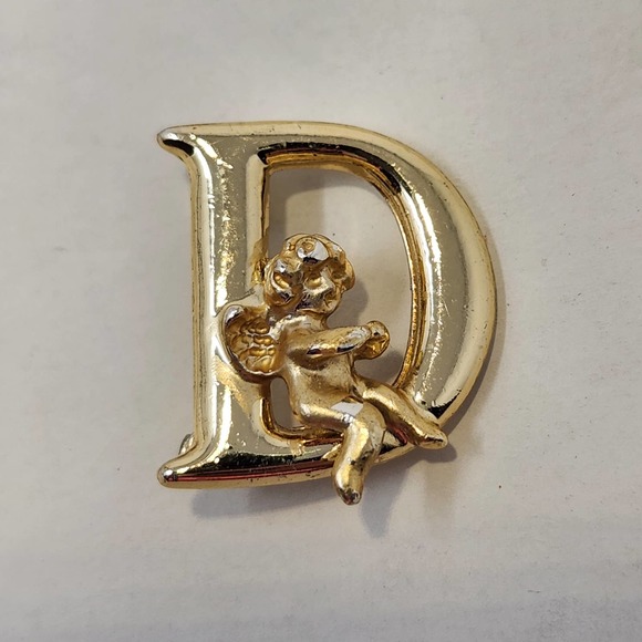 L Razza Angel Cherub Letter Initial D Brooch Pin Vintage Jewelry Gold Tone - Picture 1 of 4